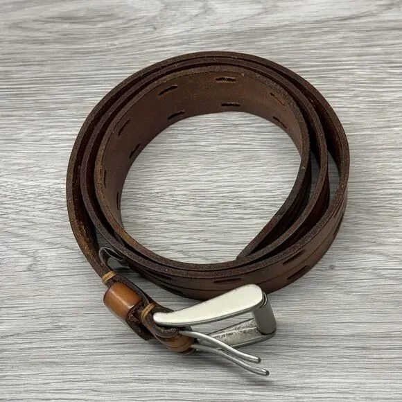 VTG Fossil Leather Belt Brown Full Grain Perforated Mens Size 90/36 Double Prong - Picture 3 of 8